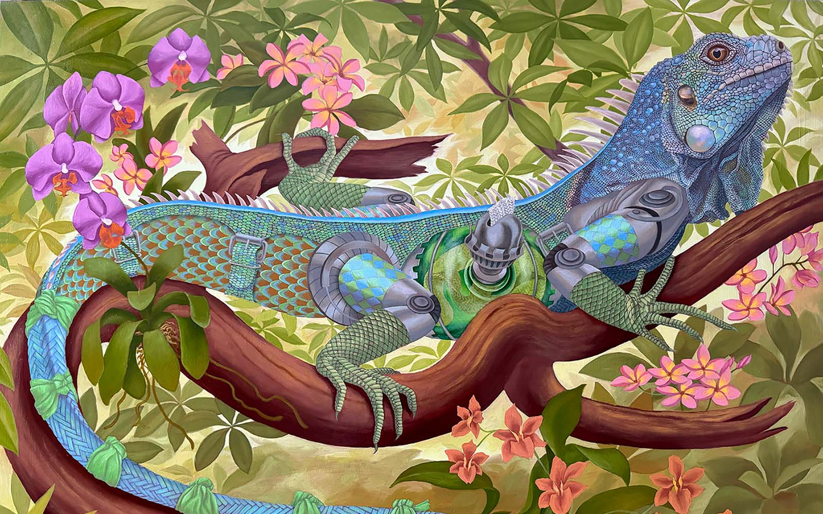 Painting of a brightly colored iguana in foliage by Heidi Taillefer