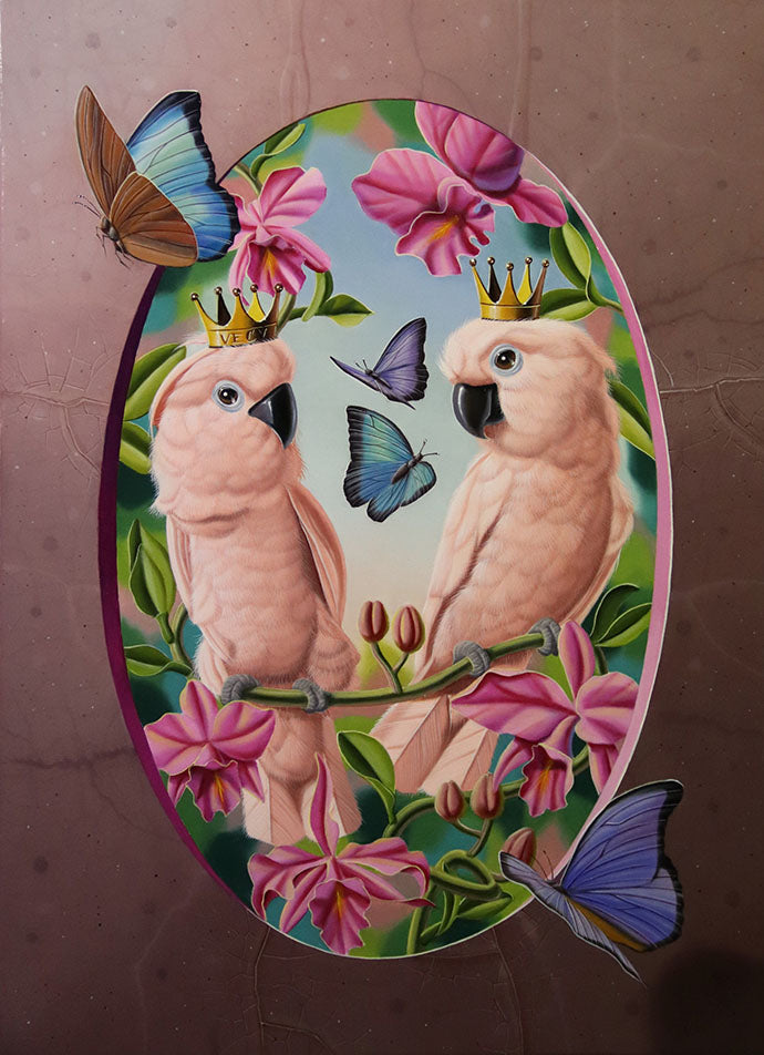 Two birds encircled by butterflies in an oval mat window to a tropical paradise. 