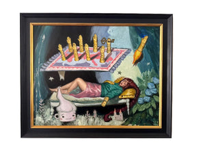 Framed artwork of a woman lying on a bed with candles and a small creature, on a beige wall.