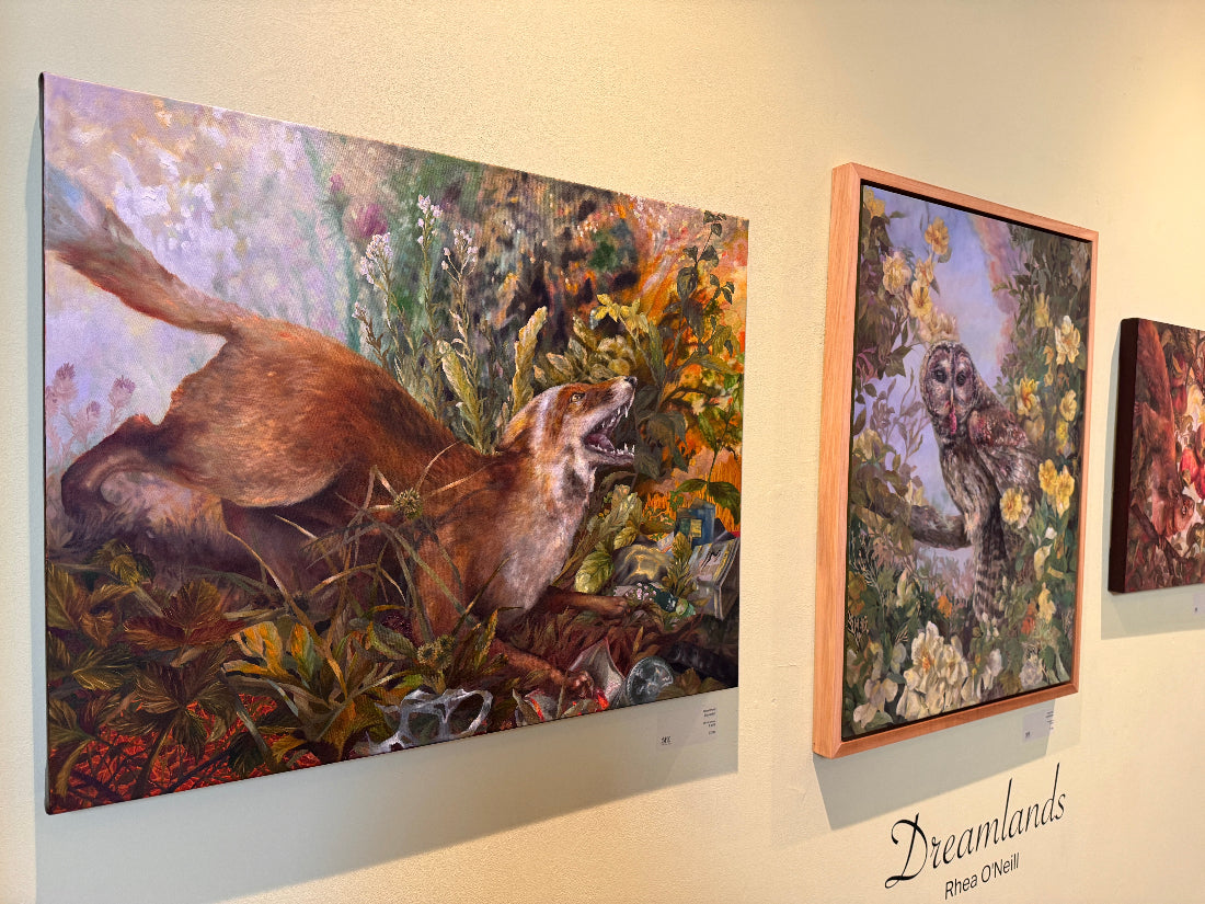 Artistic representations of animals in nature on a wall with 'Dreamlands' branding.