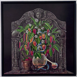 A framed square art print depicting a surreal still life of a vase filled with colorful peppers, flowers, and a spoon, set against a dark stone-like backdrop, hung on a white wall.