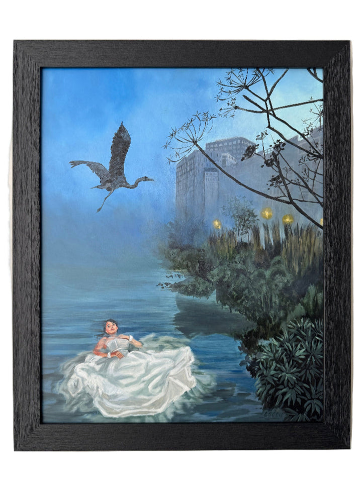 Woman in a white dress floating on water with a heron, city buildings in the background