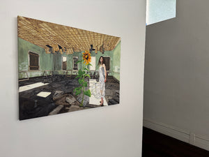 Artistic depiction of a woman in a white dress standing in a dilapidated room with a sunflower.