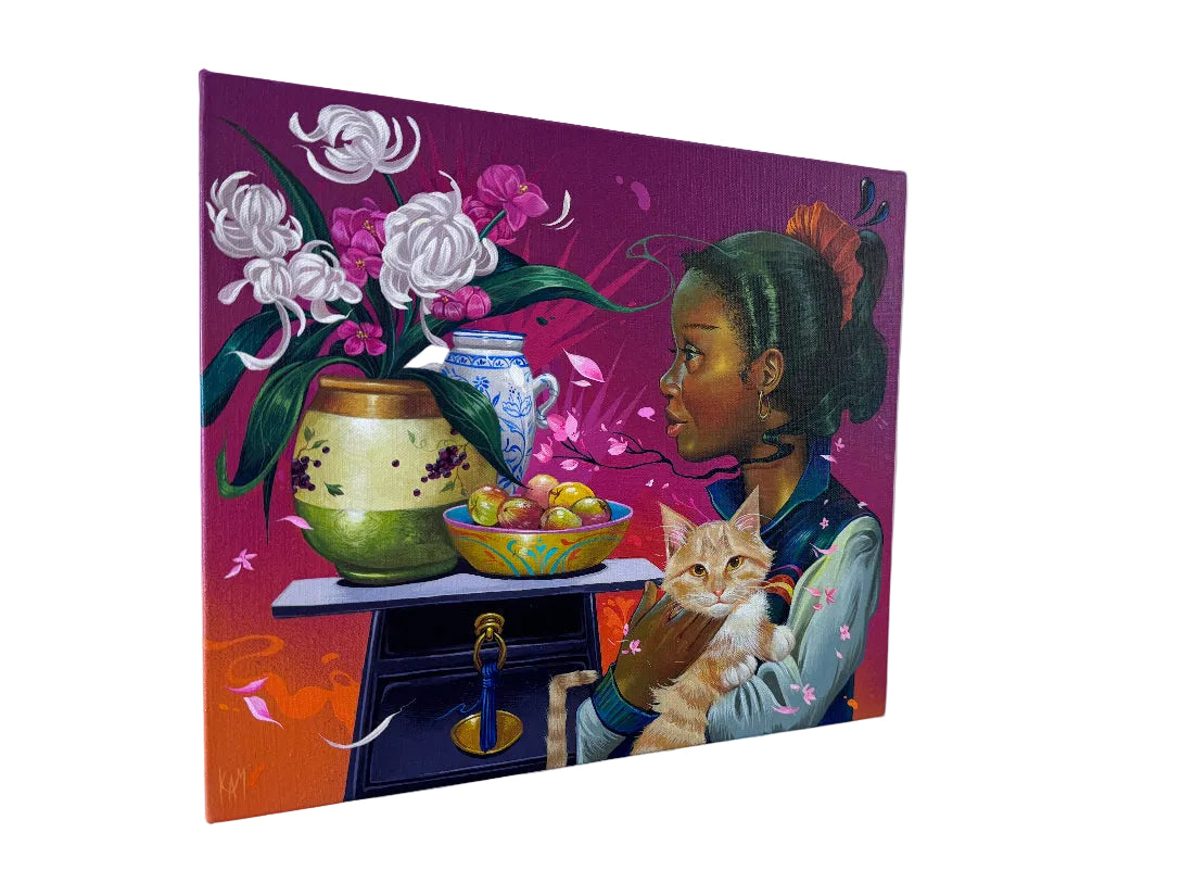 A colorful  canvas painting hanging on a white wall, depicting a woman holding a cat beside a table with flowers, fruit, and decorative vessels against a magenta and orange background.
