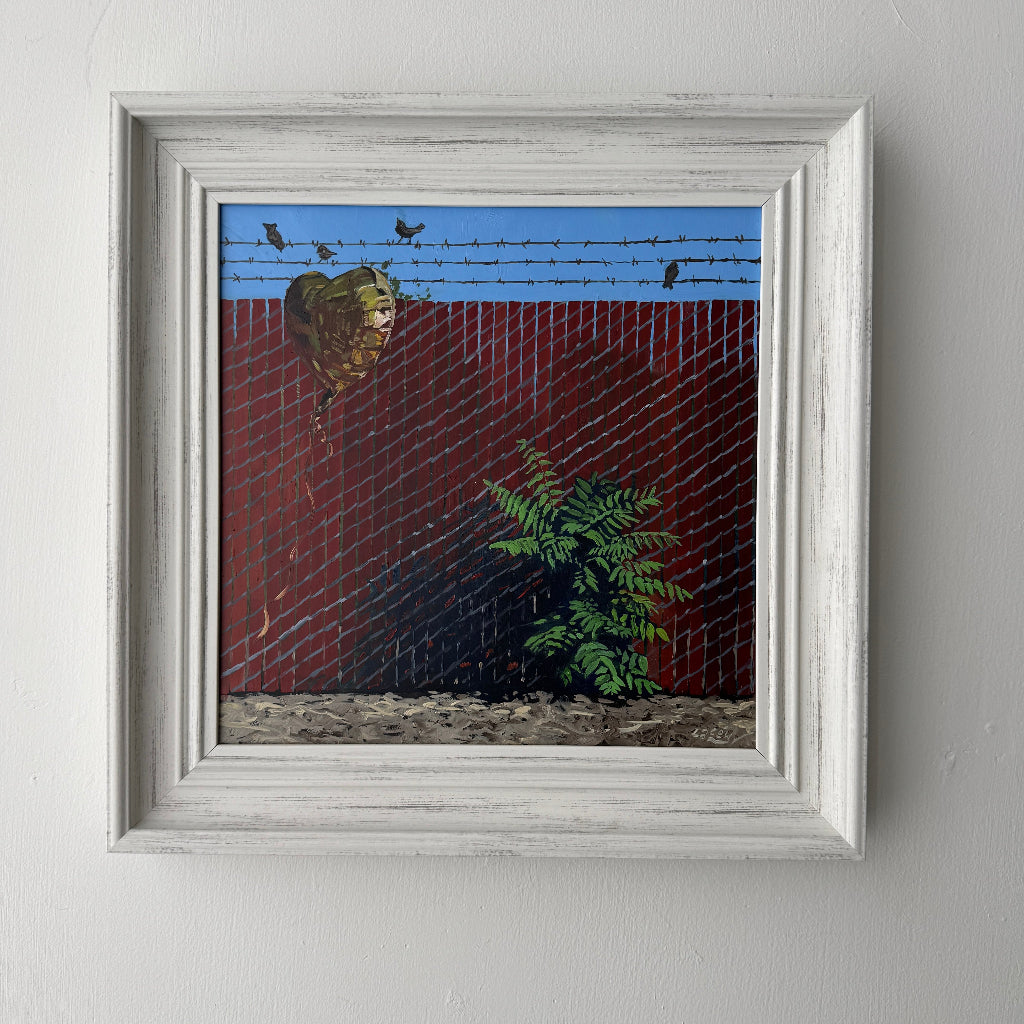 Artistic depiction of a heart-shaped balloon tied to a barbed wire fence with a red wall and green plant in the foreground.