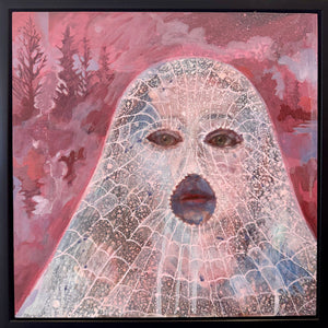 Framed artwork with a face-like design on a pink and purple abstract background