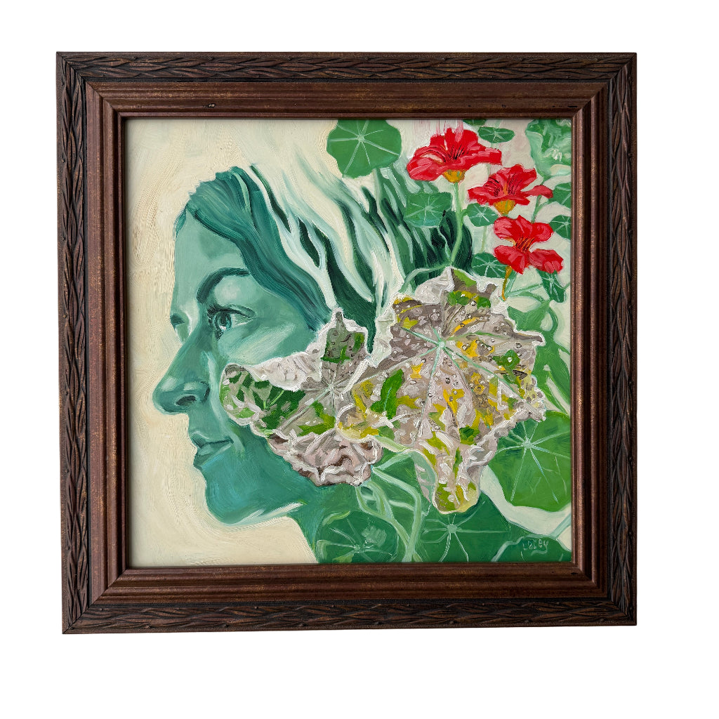 Artistic depiction of a person with floral and leaf patterns overlayed on their face.