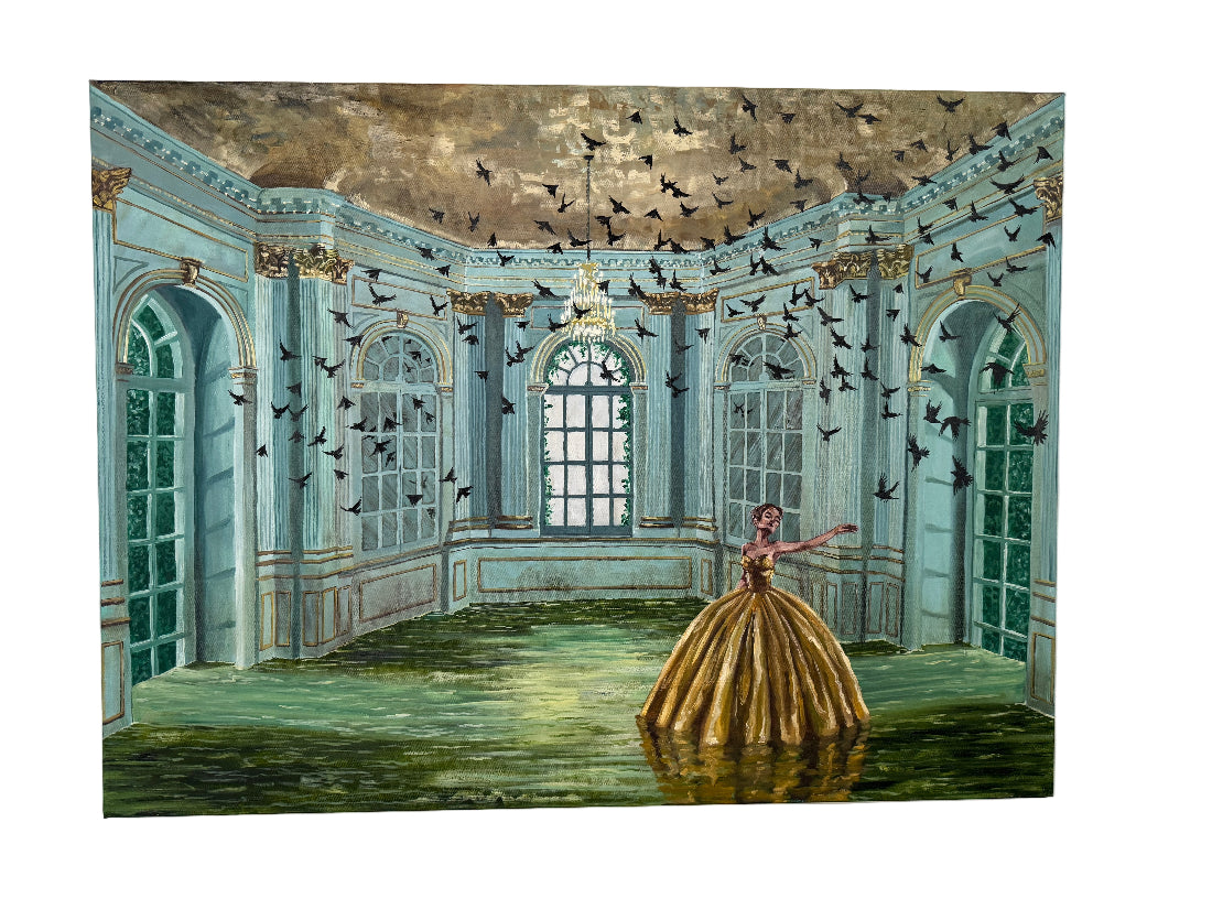 Woman in a yellow dress standing in a grand room with ornate ceiling and windows, surrounded by birds.