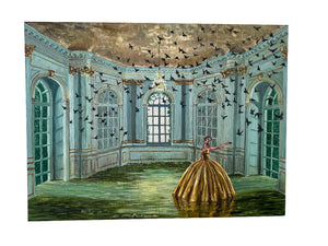 Woman in a yellow dress standing in a grand room with ornate ceiling and windows, surrounded by birds.