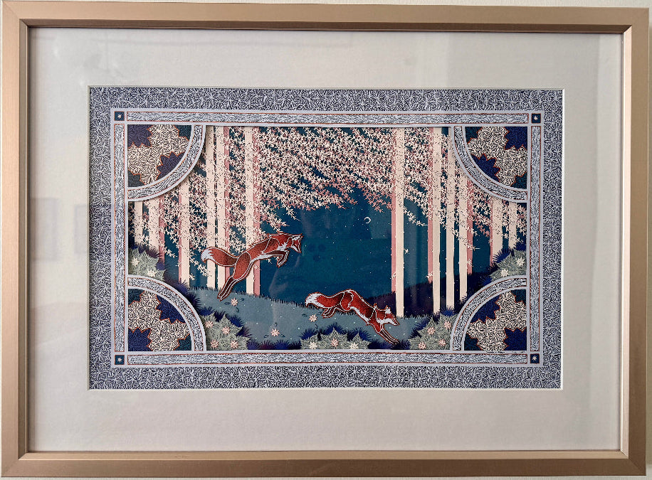 Two foxes in a forest scene with decorative borders