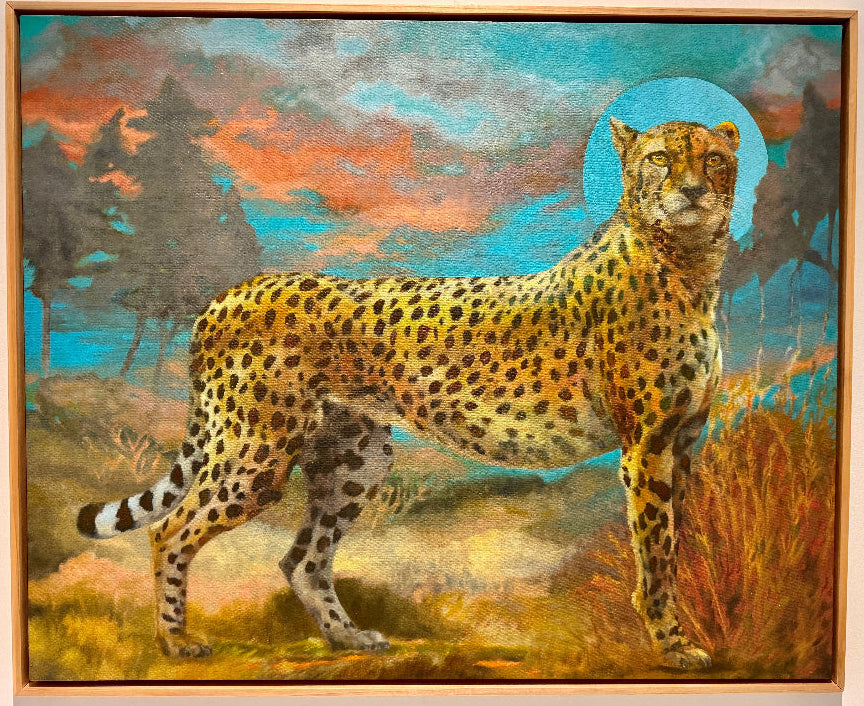 Painting of a cheetah in a natural landscape with a colorful sky.