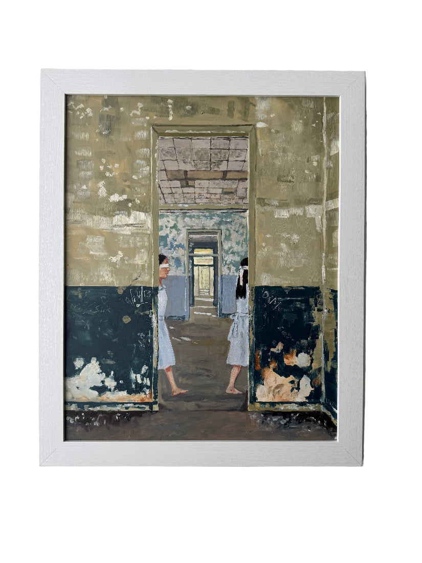 Artistic depiction of a room with peeling paint and two figures in light clothing.
