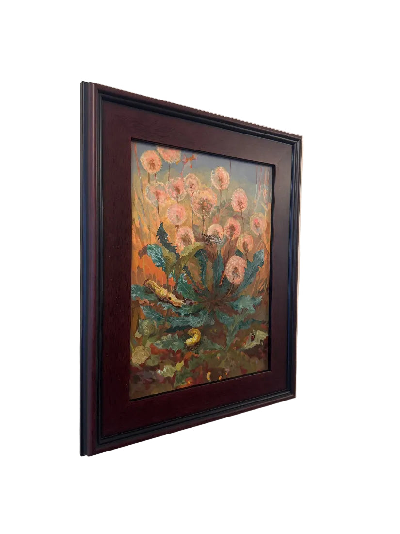 Framed floral painting on a beige wall