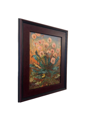 Framed floral painting on a beige wall
