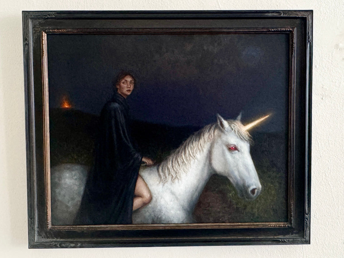 Framed artwork of a person riding a unicorn on a dark background