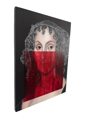 Painting of a stylized portrait with red and black design on a wall.