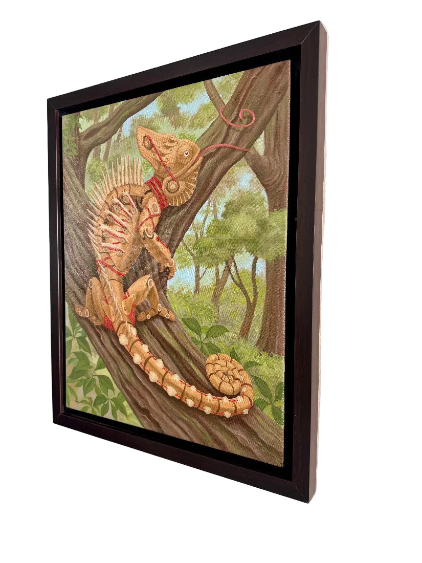 Framed artwork of a rat with a snake on a tree branch in a forest setting.