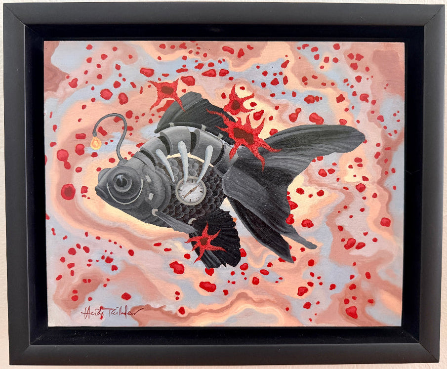 Artistic depiction of a fish with mechanical components on a textured background