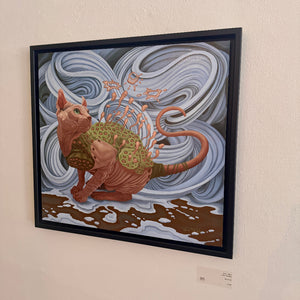 Framed artwork of a stylized sphynx cat with abstract background