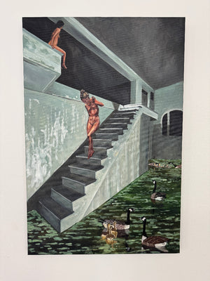 Painting of a person lying on a staircase with a reflective surface below