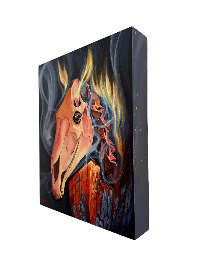 Artistic depiction of a horse's skull with flames and smoke on a dark background