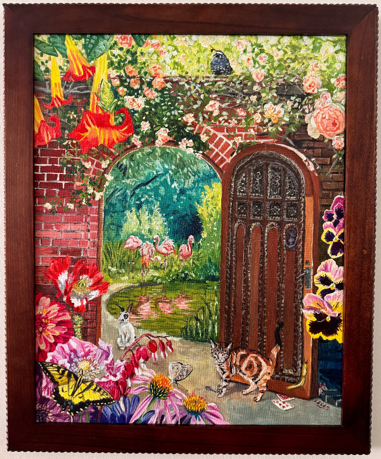 Framed artwork of a garden scene with flowers, animals, and a door.