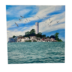 Painting of a coastal scene with a tall tower, buildings, and birds flying in the sky.