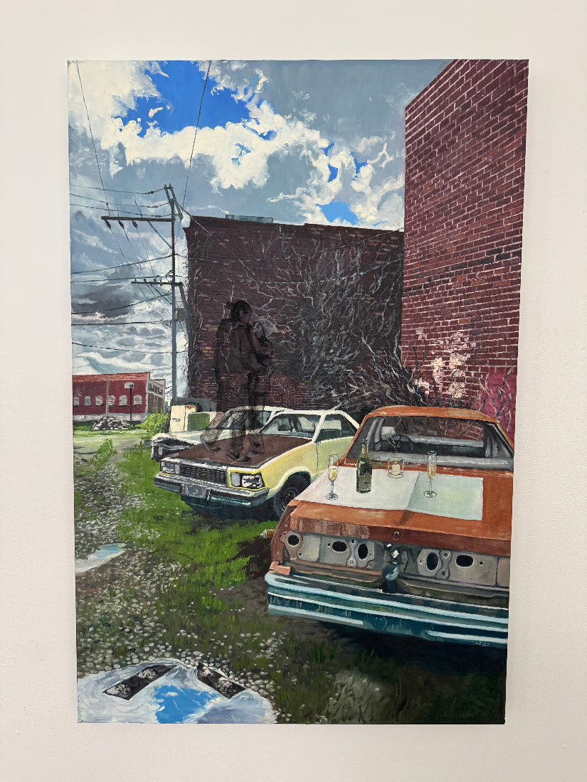 A painting of vehicles parked on a grassy area with a brick building in the background. 