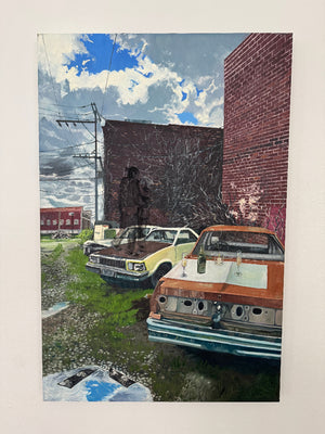 A painting of vehicles parked on a grassy area with a brick building in the background. 