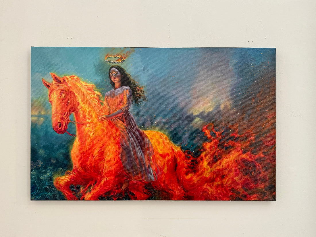 Painting of a woman riding a fiery horse with a dark background