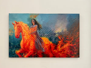 Painting of a woman riding a fiery horse with a dark background