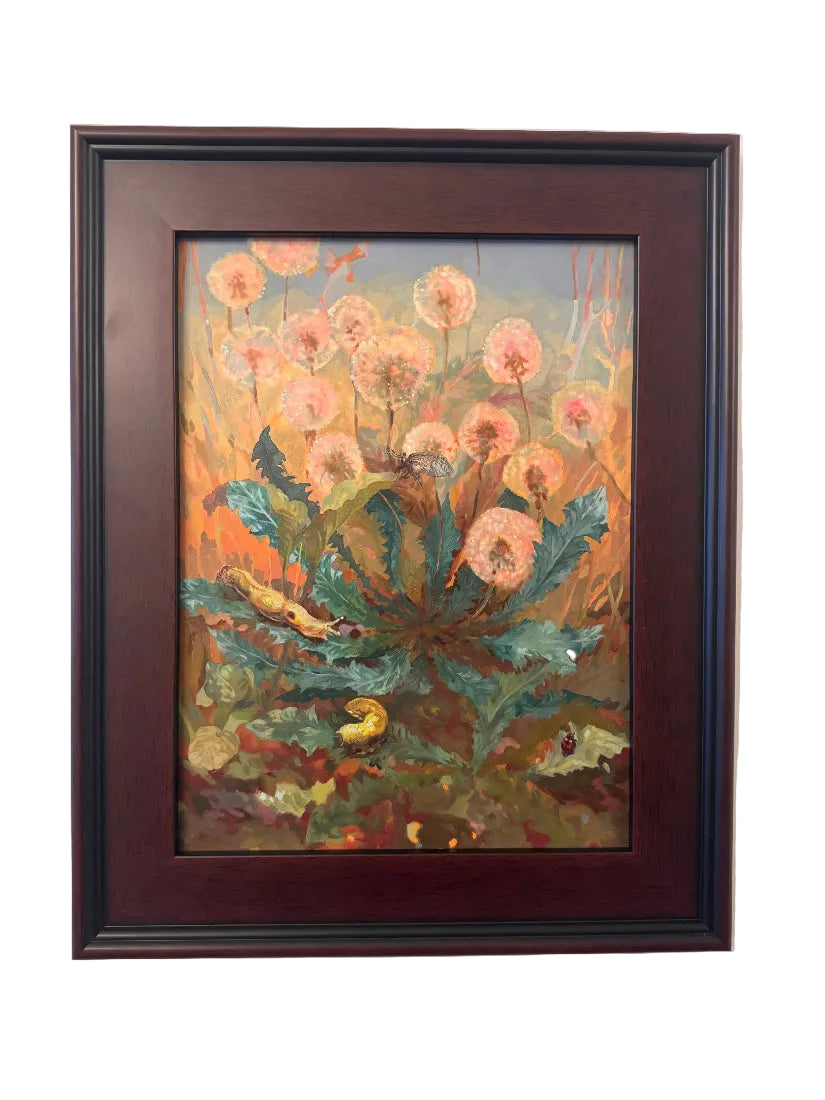 Framed painting of flowers on a beige wall