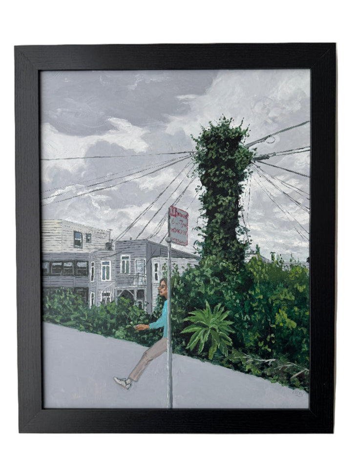 Framed artwork of a cityscape with trees and power lines on a light background