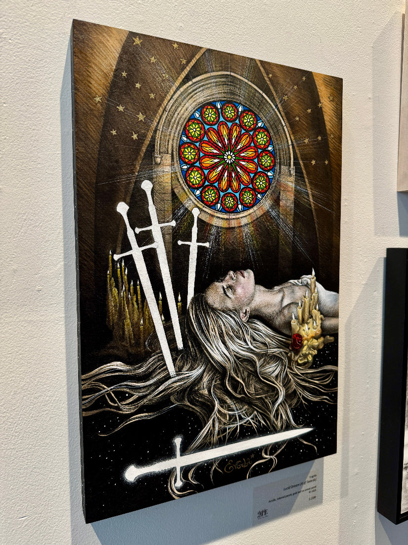 Artistic depiction of a woman with swords and a colorful rose window on a wall.