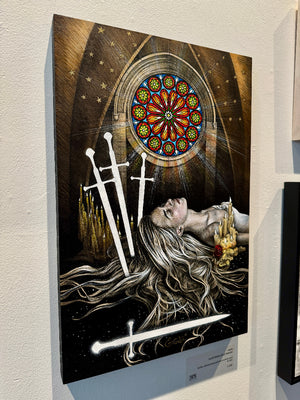 Artistic depiction of a woman with swords and a colorful rose window on a wall.
