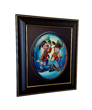 A framed circular art print featuring two cartoon characters in a blue-toned scene, mounted on a plain off-white wall. The frame is black with a thin gold inner border.