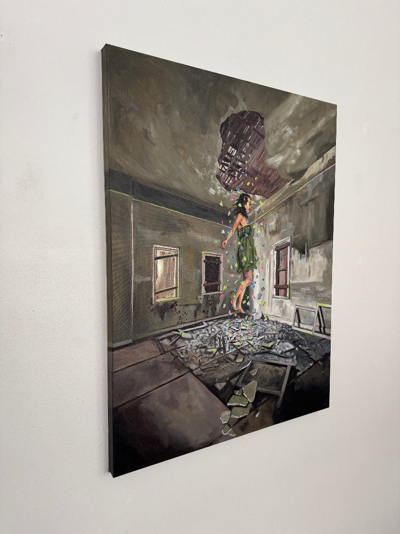Canvas painting of a scene with a woman in a green dress floating in a room.