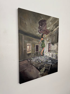 Canvas painting of a scene with a woman in a green dress floating in a room.