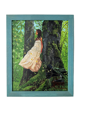 Framed artwork of a woman in a white dress standing next to a tree in a forest setting.