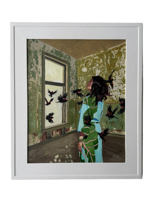 Framed artwork of a person with birds on a gray wall