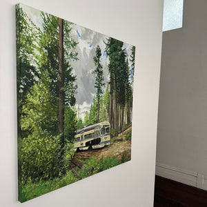 Canvas painting of a forest scene with a vintage bus, hanging on a wall.