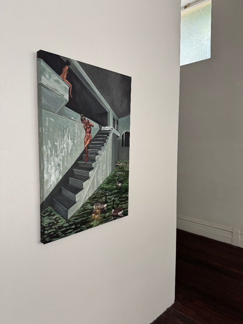 Painting with people on stairs on a white surface.