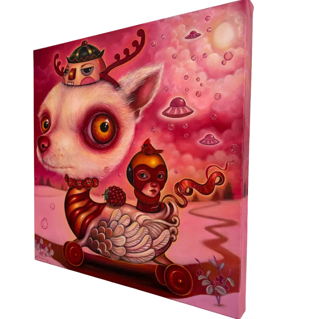 Colorful artwork of a creature with large eyes and a child-like figure on a pink background.