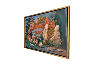 Decorative wall art with a gold frame on a white wall