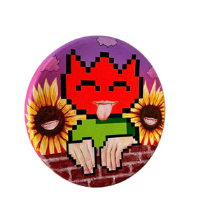 Circular artwork with a pixelated fox character between two sunflowers on a purple background.