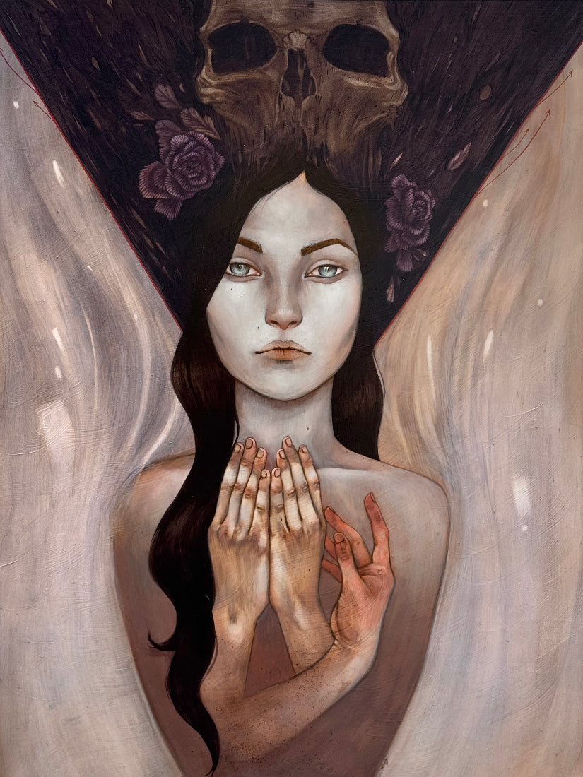 A surreal painting of a pale woman with long dark hair, her hands clasped in front of her chest, with a large skull and dark roses above her head and soft beige drapery around her.