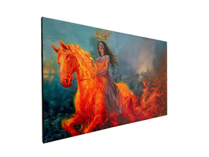 Canvas painting of a woman riding a fiery horse on a wall.