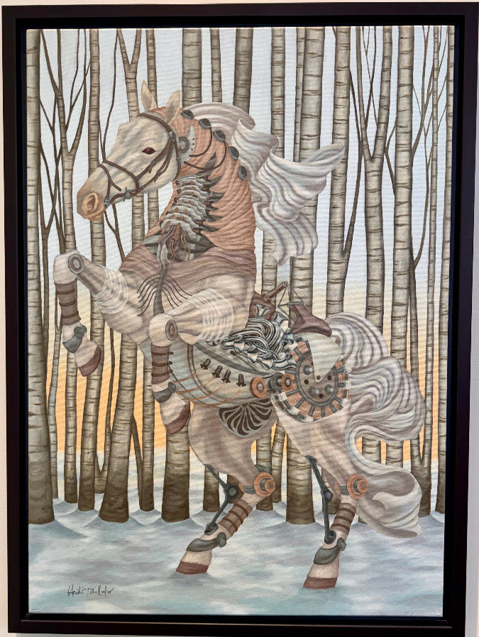 Framed artwork of a horse in a forest setting with birch trees.