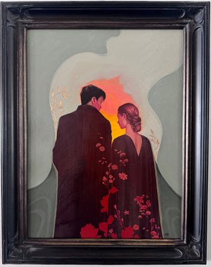 A framed painting depicting a couple from behind, standing in front of a glowing orange and pink sky with pale green abstract shapes in the background. The artwork is housed in a thick, ornate black wooden frame and is mounted on a white wall.