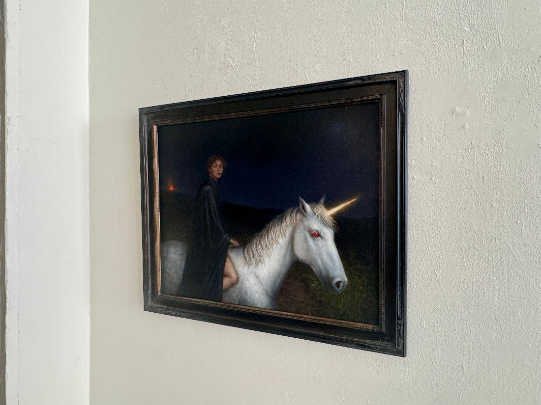 Framed artwork of a person with a unicorn on a white wall